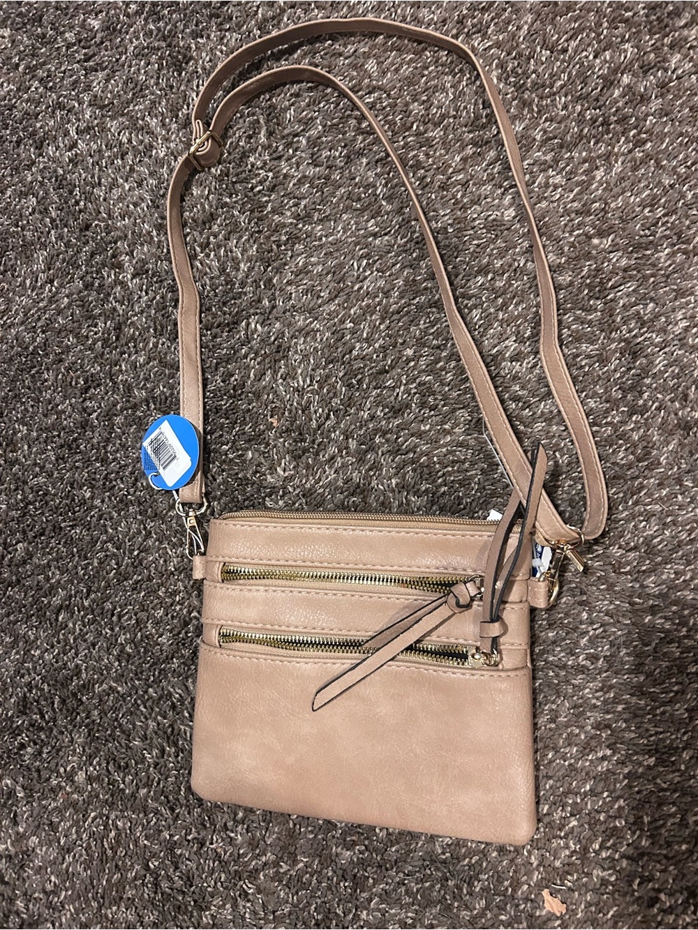 Taupe Faux-Leather Crossbody Bag with Dual Zip Pockets